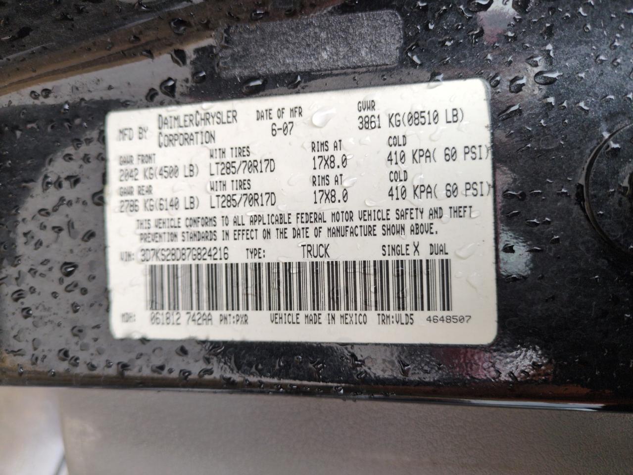 2007 Dodge Ram 2500 St VIN: 3D7KS28D87G824216 Lot: 52197165
