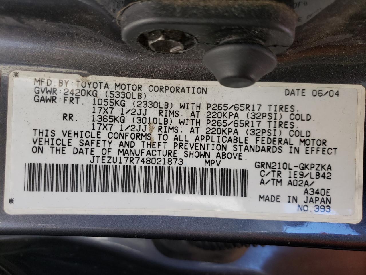 2004 Toyota 4Runner Limited VIN: JTEZU17R748021873 Lot: 54075425