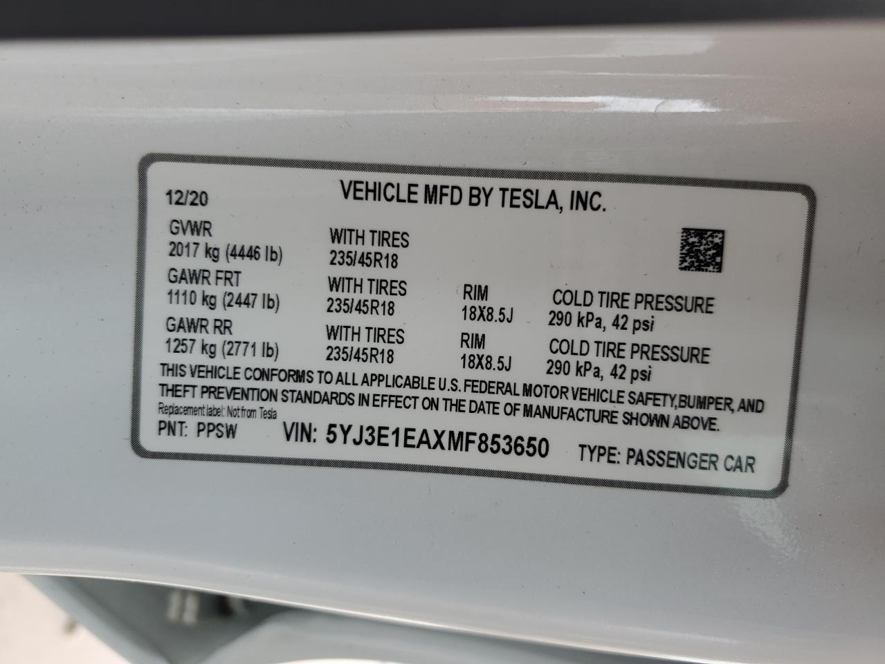 2021 Tesla Model 3 VIN: 5YJ3E1EAXMF853650 Lot: 51339495