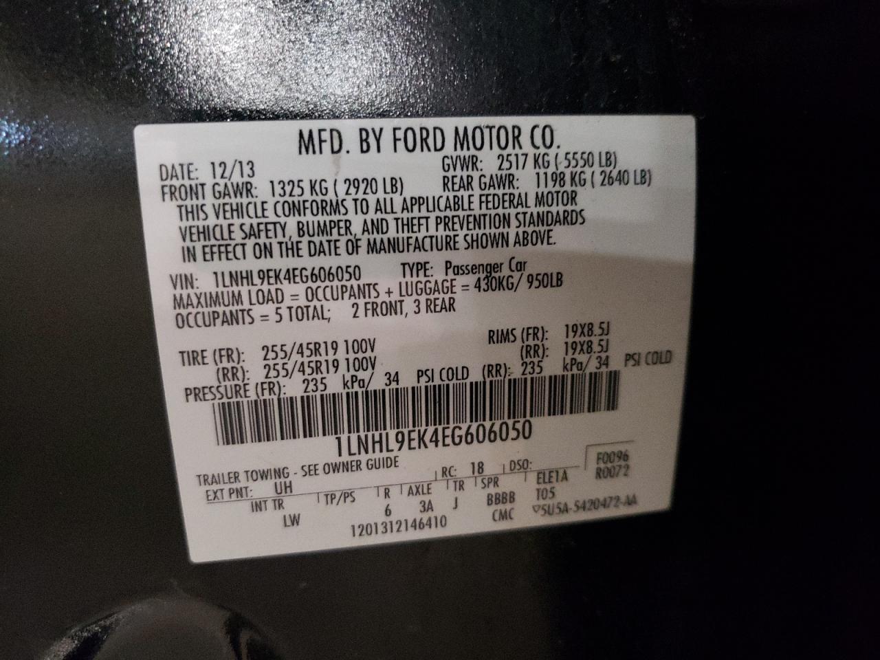 2014 Lincoln Mks VIN: 1LNHL9EK4EG606050 Lot: 53412495