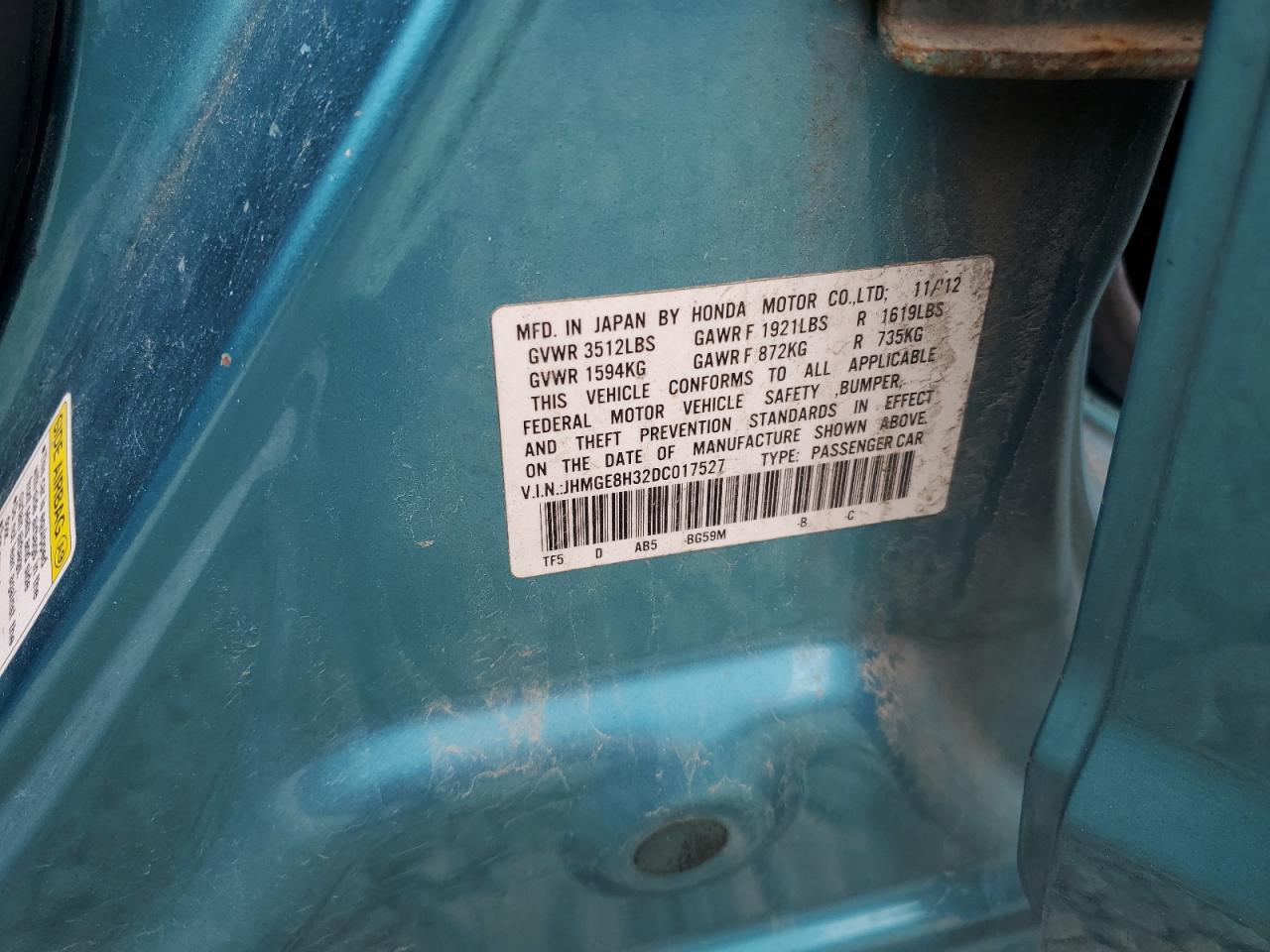 2013 Honda Fit VIN: JHMGE8H32DC017527 Lot: 53191965