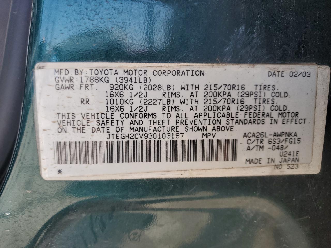 2003 Toyota Rav4 VIN: JTEGH20V930103187 Lot: 53070075