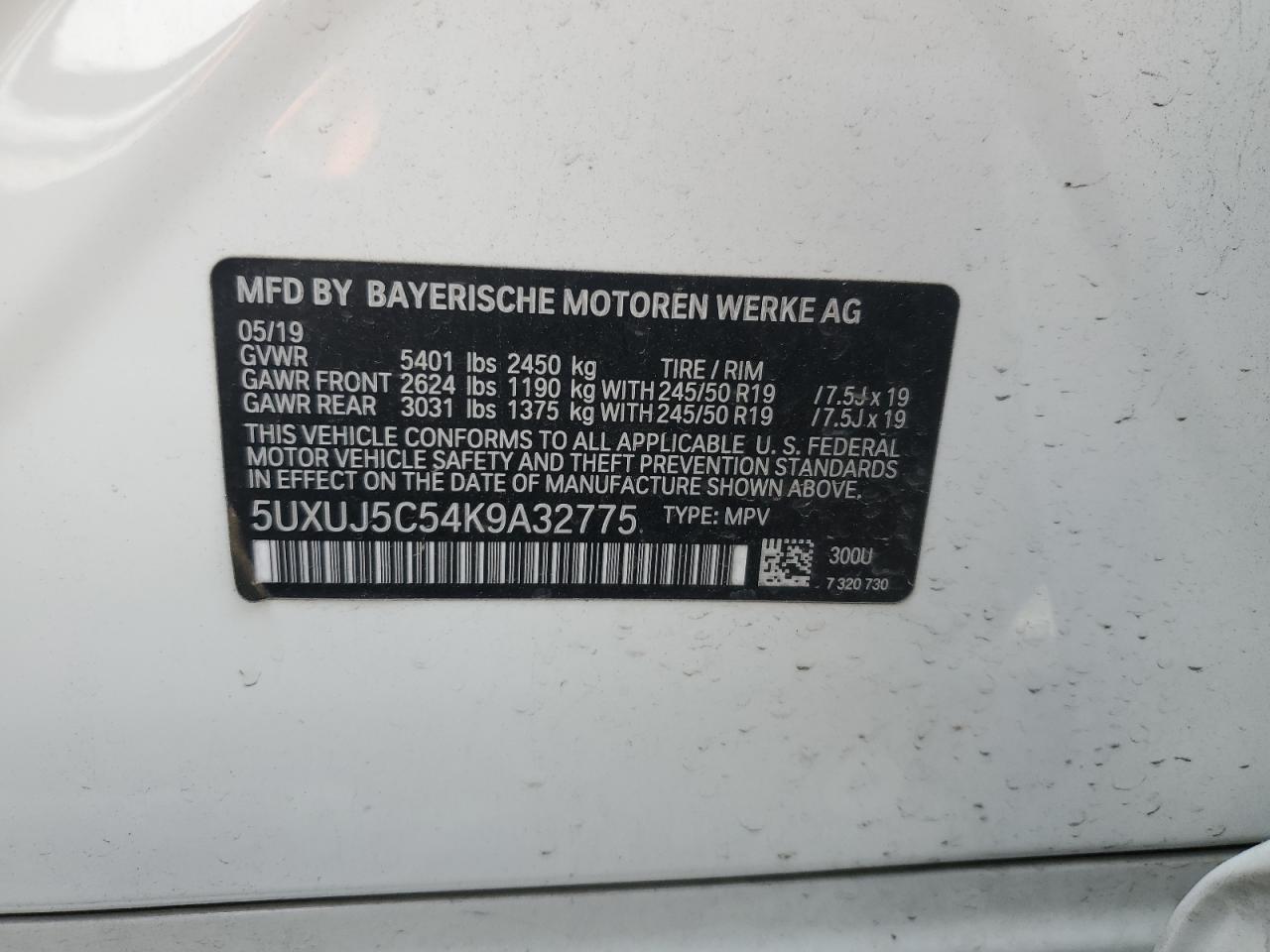 2019 BMW X4 M40I VIN: 5UXUJ5C54K9A32775 Lot: 55142425