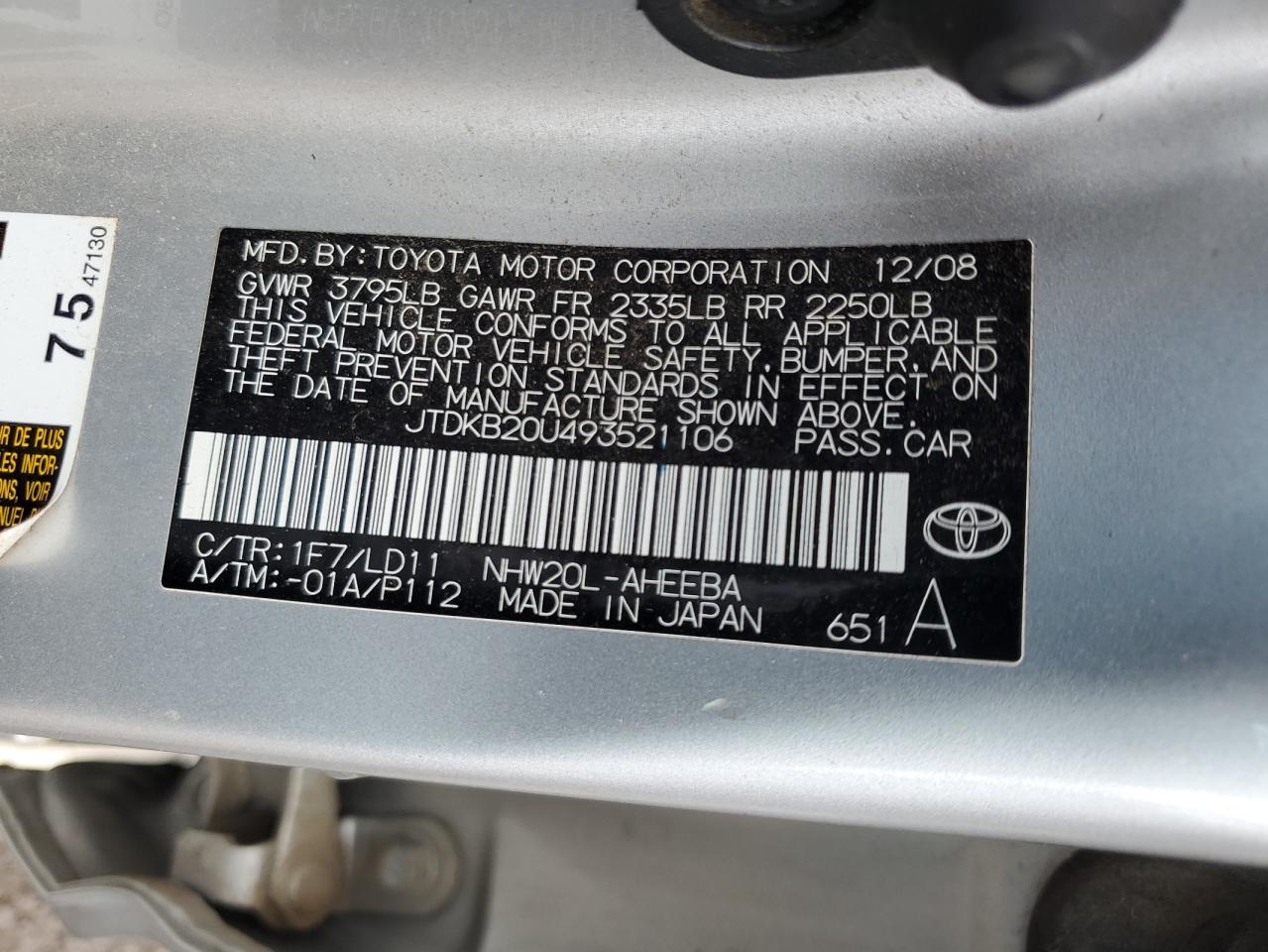 2009 Toyota Prius VIN: JTDKB20U493521106 Lot: 54899075