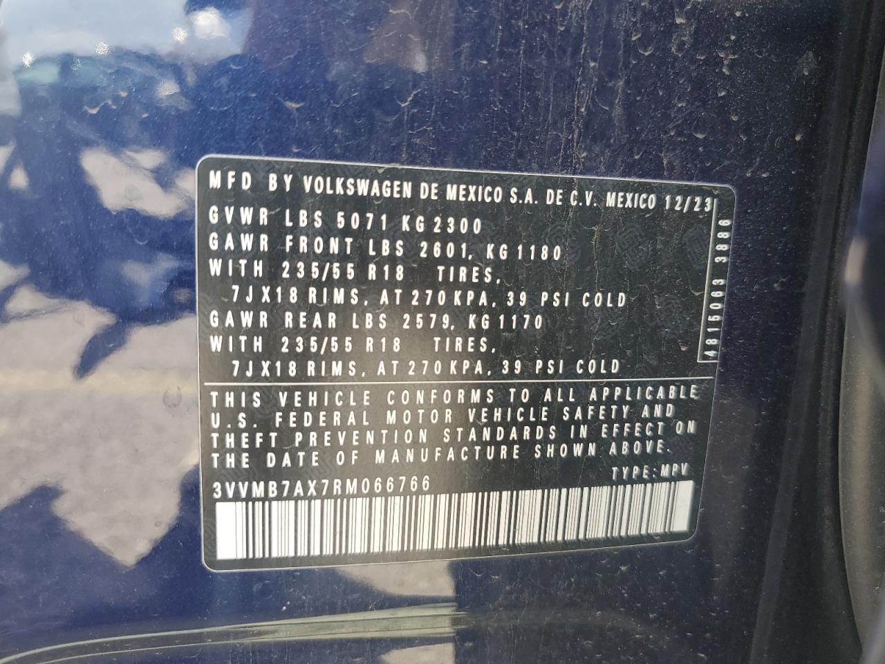 2024 Volkswagen Tiguan Se VIN: 3VVMB7AX7RM066766 Lot: 65686855