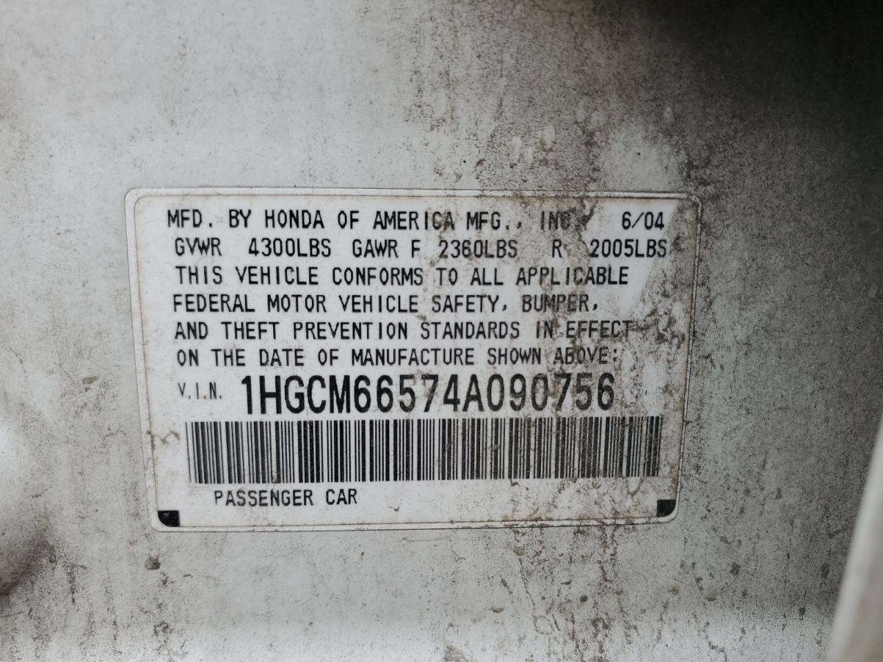 2004 Honda Accord Ex VIN: 1HGCM66574A090756 Lot: 52982115