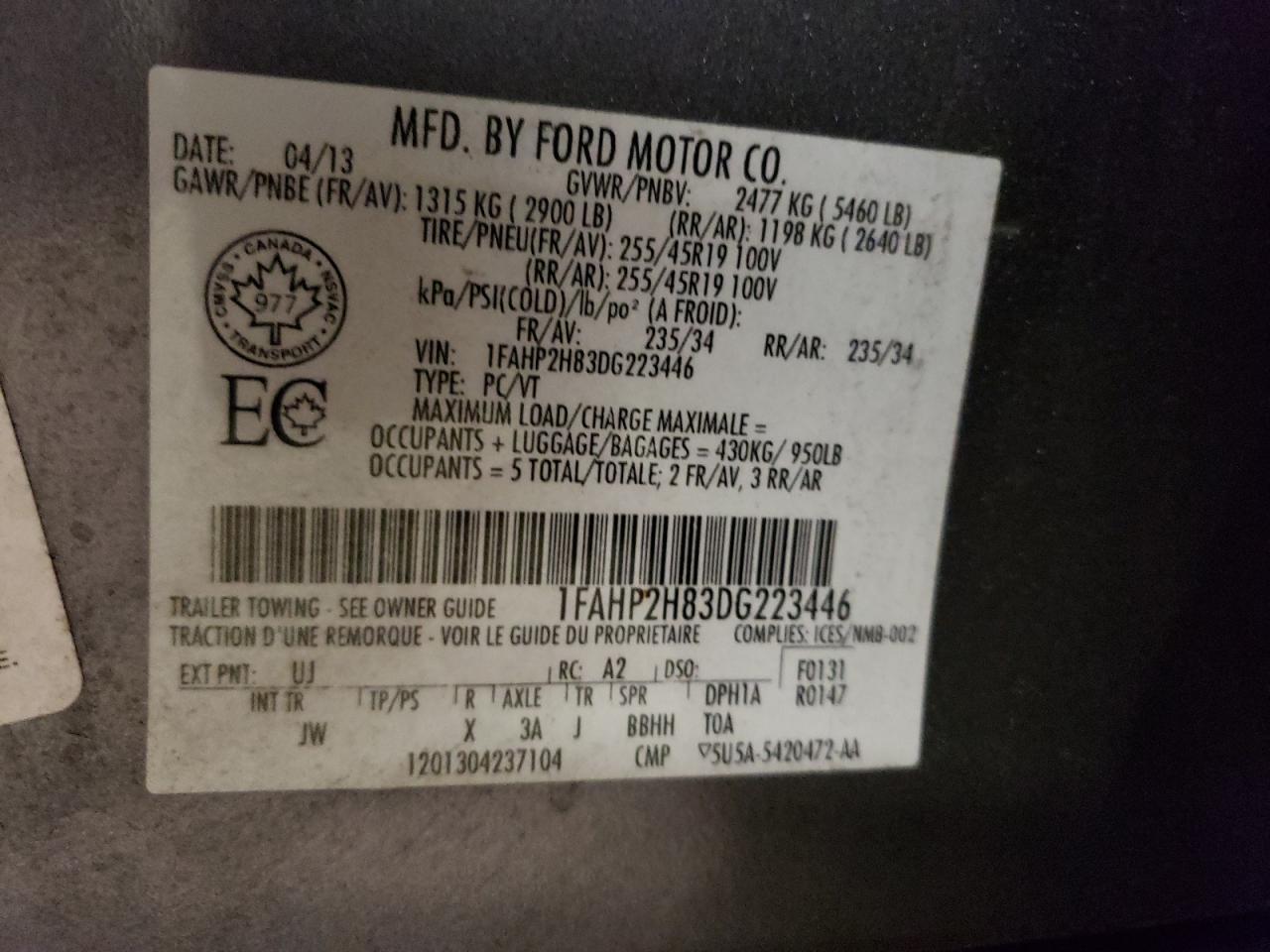 2013 Ford Taurus Sel VIN: 1FAHP2H83DG223446 Lot: 53783815