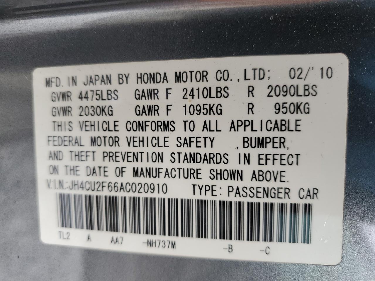 2010 Acura Tsx VIN: JH4CU2F66AC020910 Lot: 51746015