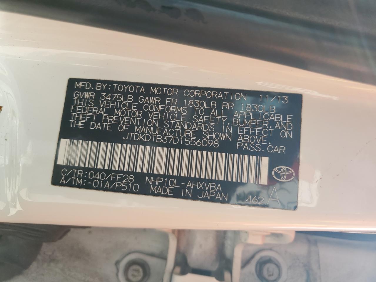 2013 Toyota Prius C VIN: JTDKDTB37D1556098 Lot: 53705235