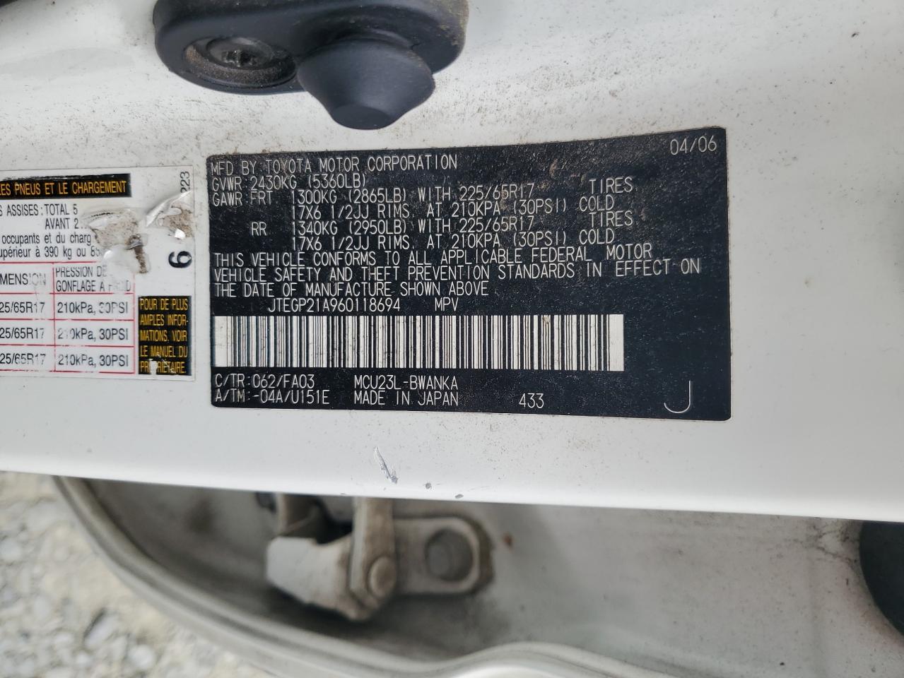 2006 Toyota Highlander Limited VIN: JTEGP21A960118694 Lot: 54121605