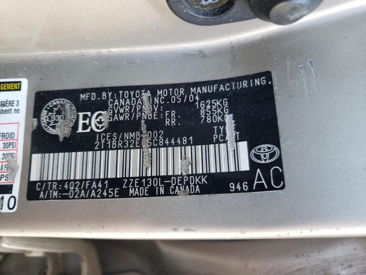 2005 Toyota Corolla Ce VIN: 2T1BR32E05C844481 Lot: 53525065