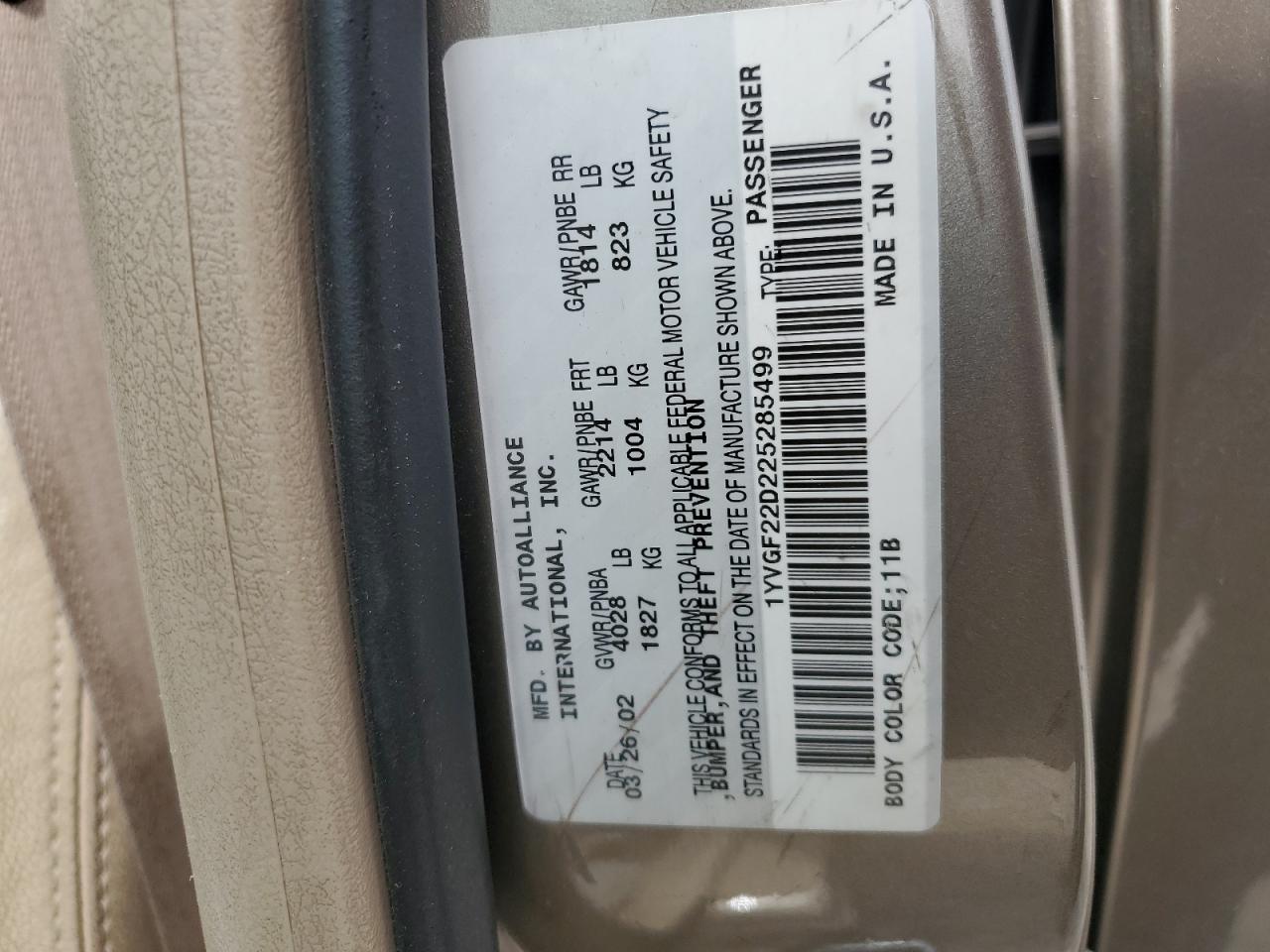 2002 Mazda 626 Es VIN: 1YVGF22D225285499 Lot: 53693055