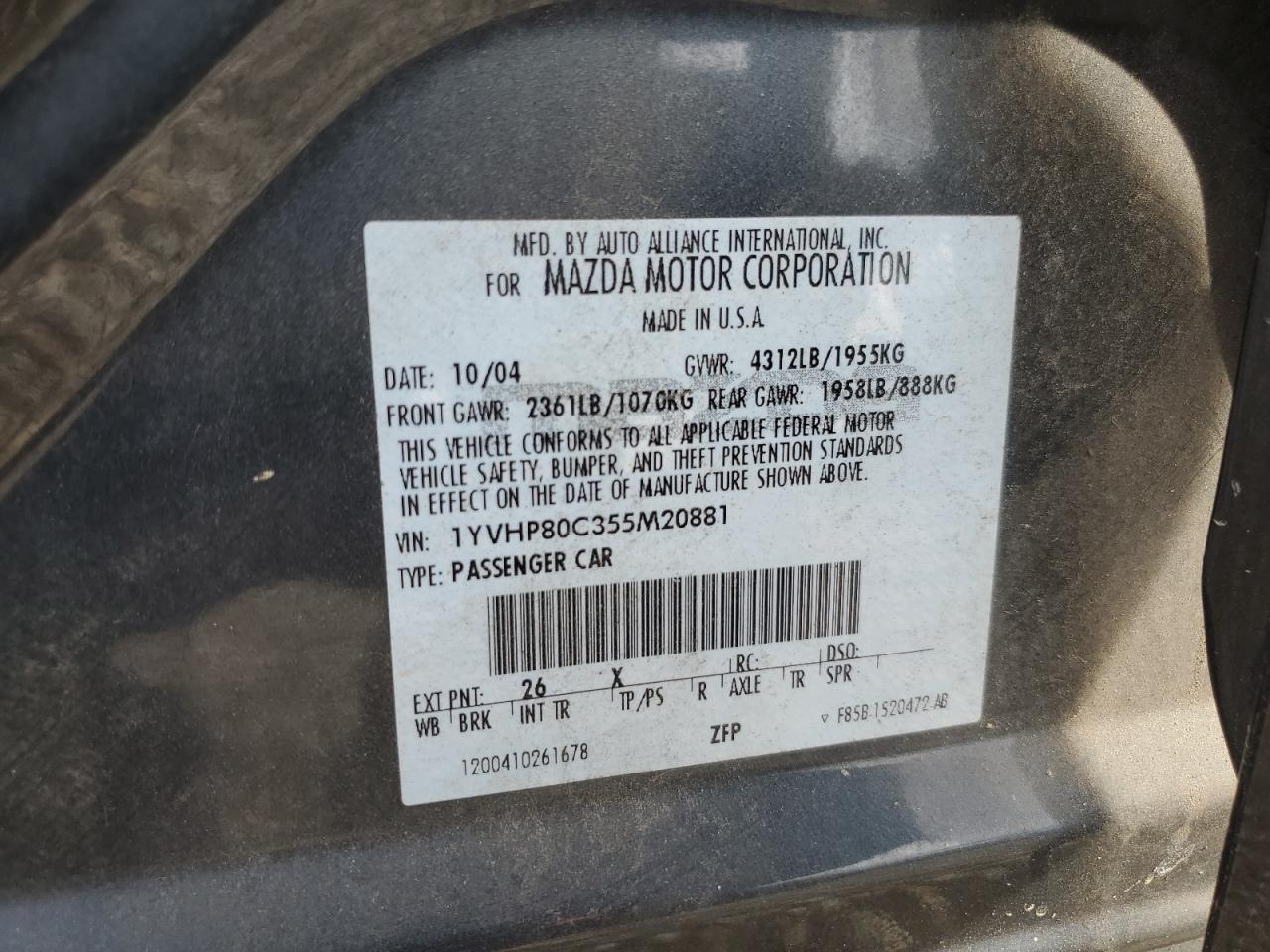 2005 Mazda 6 I VIN: 1YVHP80C355M20881 Lot: 55109515