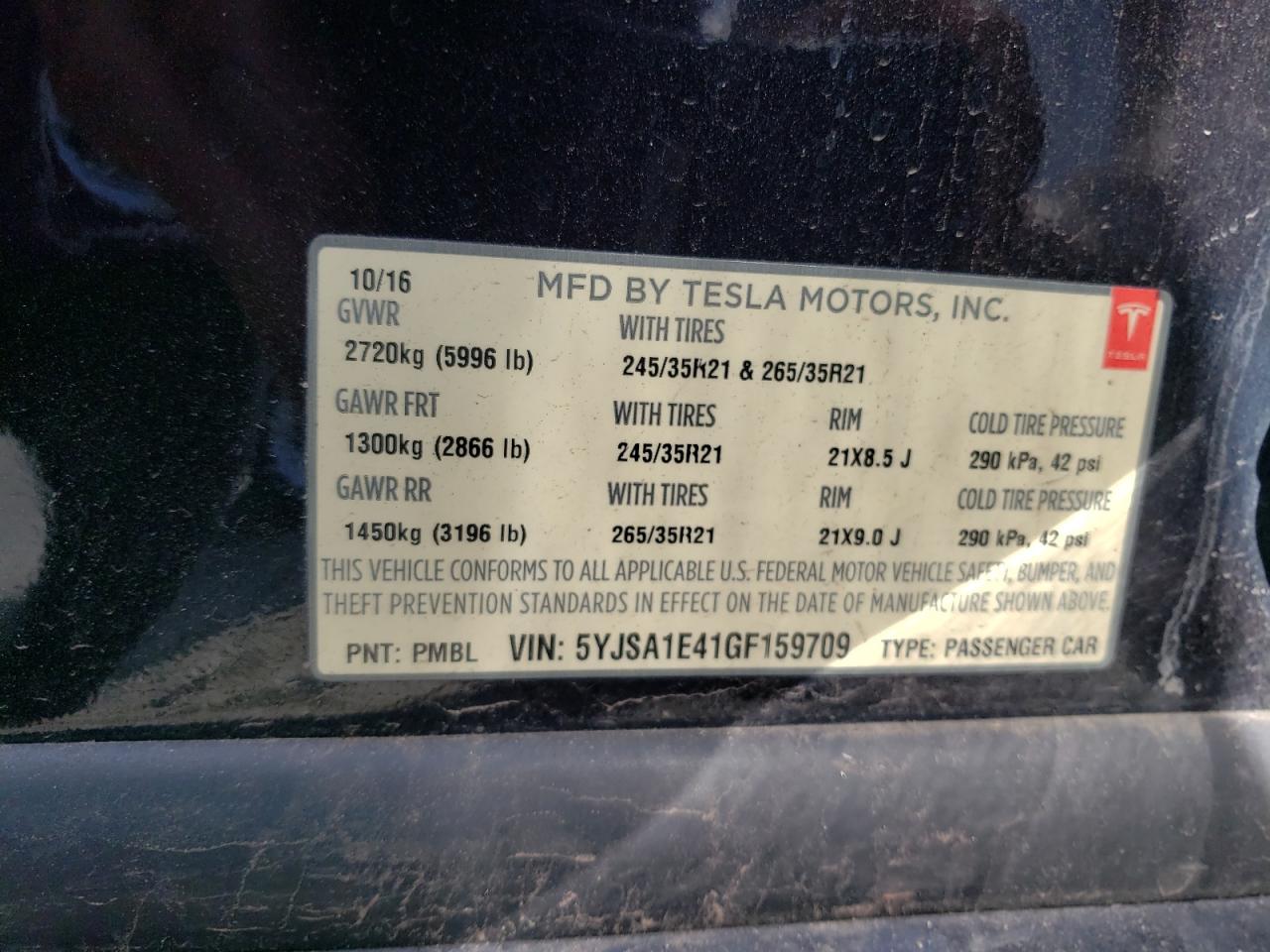 2016 Tesla Model S VIN: 5YJSA1E41GF159709 Lot: 52824325