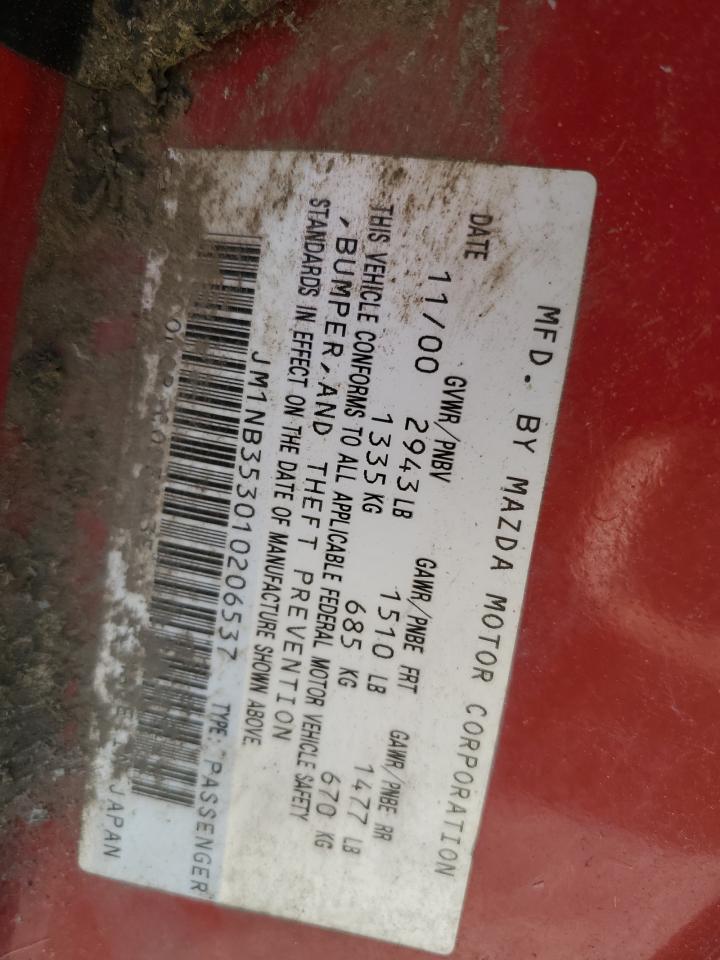 2001 Mazda Mx-5 Miata Base VIN: JM1NB353010206537 Lot: 52020455