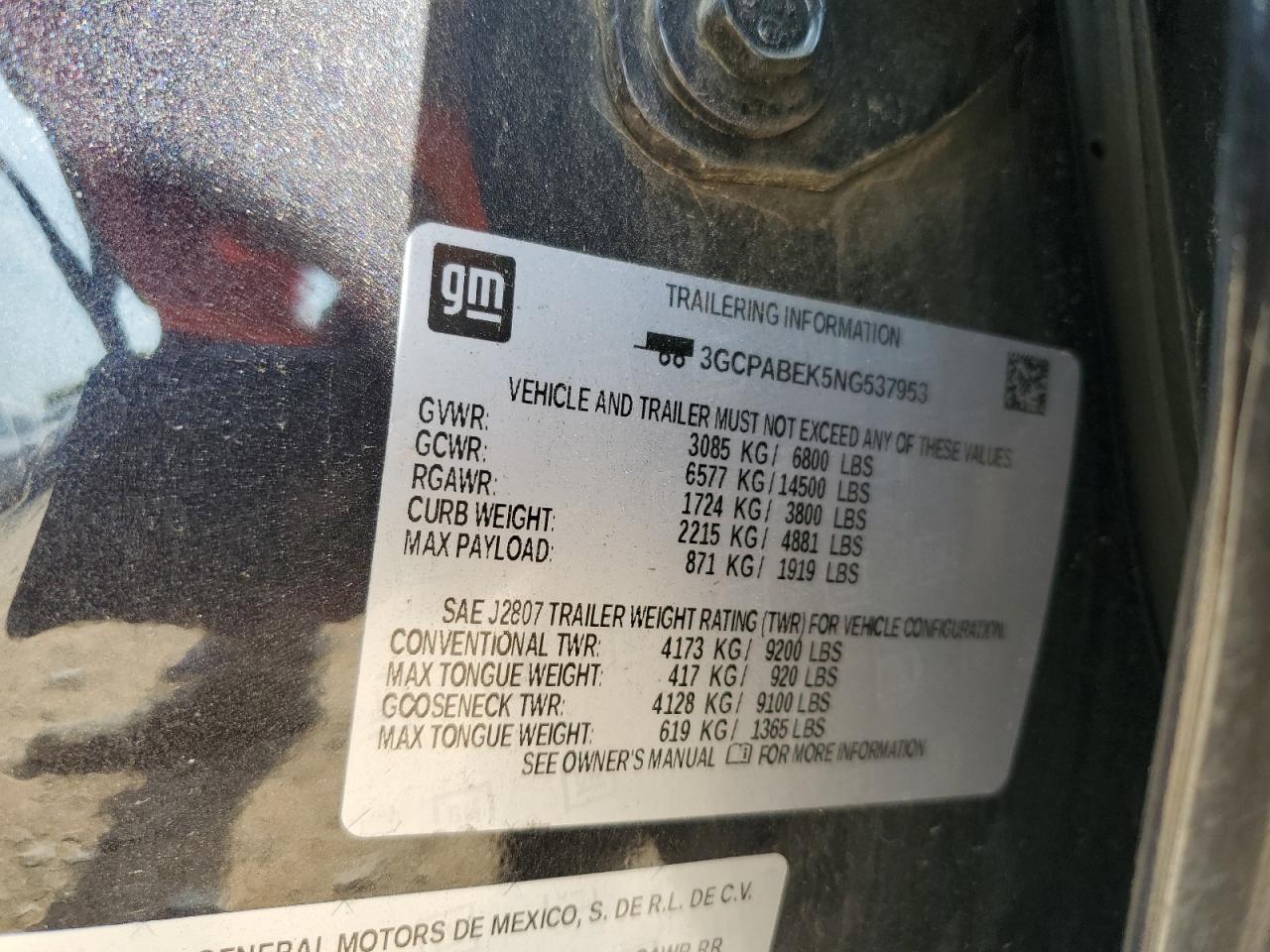2022 Chevrolet Silverado C1500 Custom VIN: 3GCPABEK5NG537953 Lot: 53539665