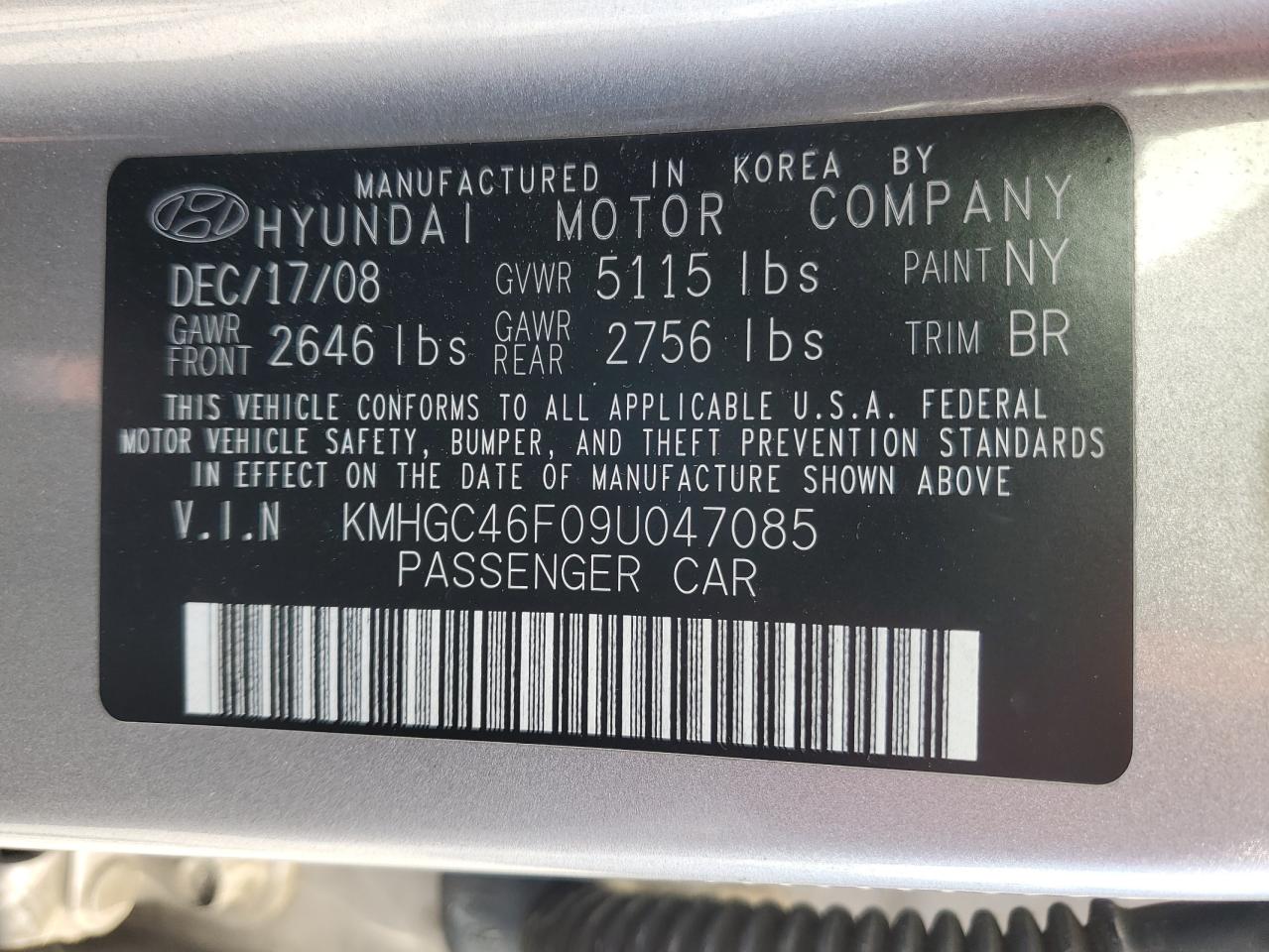 2009 Hyundai Genesis 4.6L VIN: KMHGC46F09U047085 Lot: 54066495
