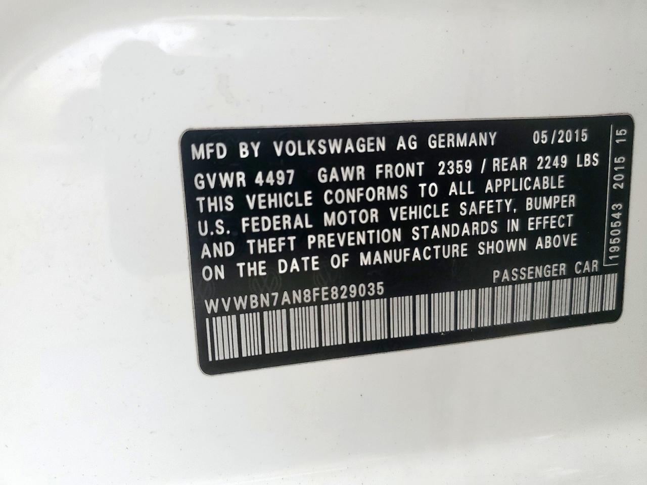 2015 Volkswagen Cc Sport VIN: WVWBN7AN8FE829035 Lot: 54028805