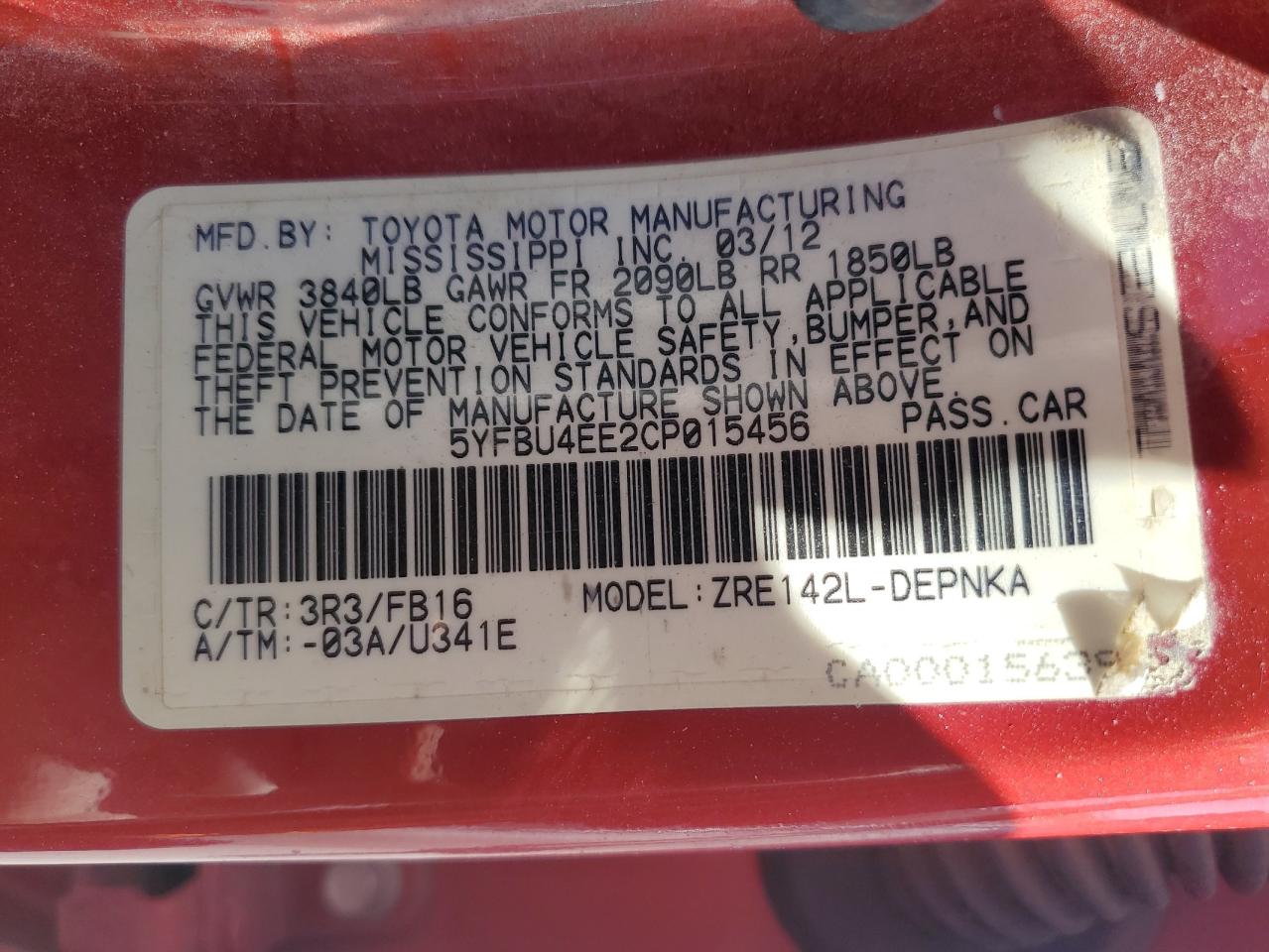 2012 Toyota Corolla Base VIN: 5YFBU4EE2CP015456 Lot: 53360605