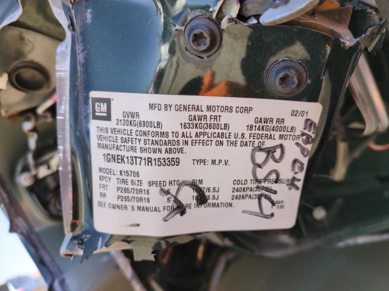 2001 Chevrolet Tahoe K1500 VIN: 1GNEK13T71R153359 Lot: 53032635