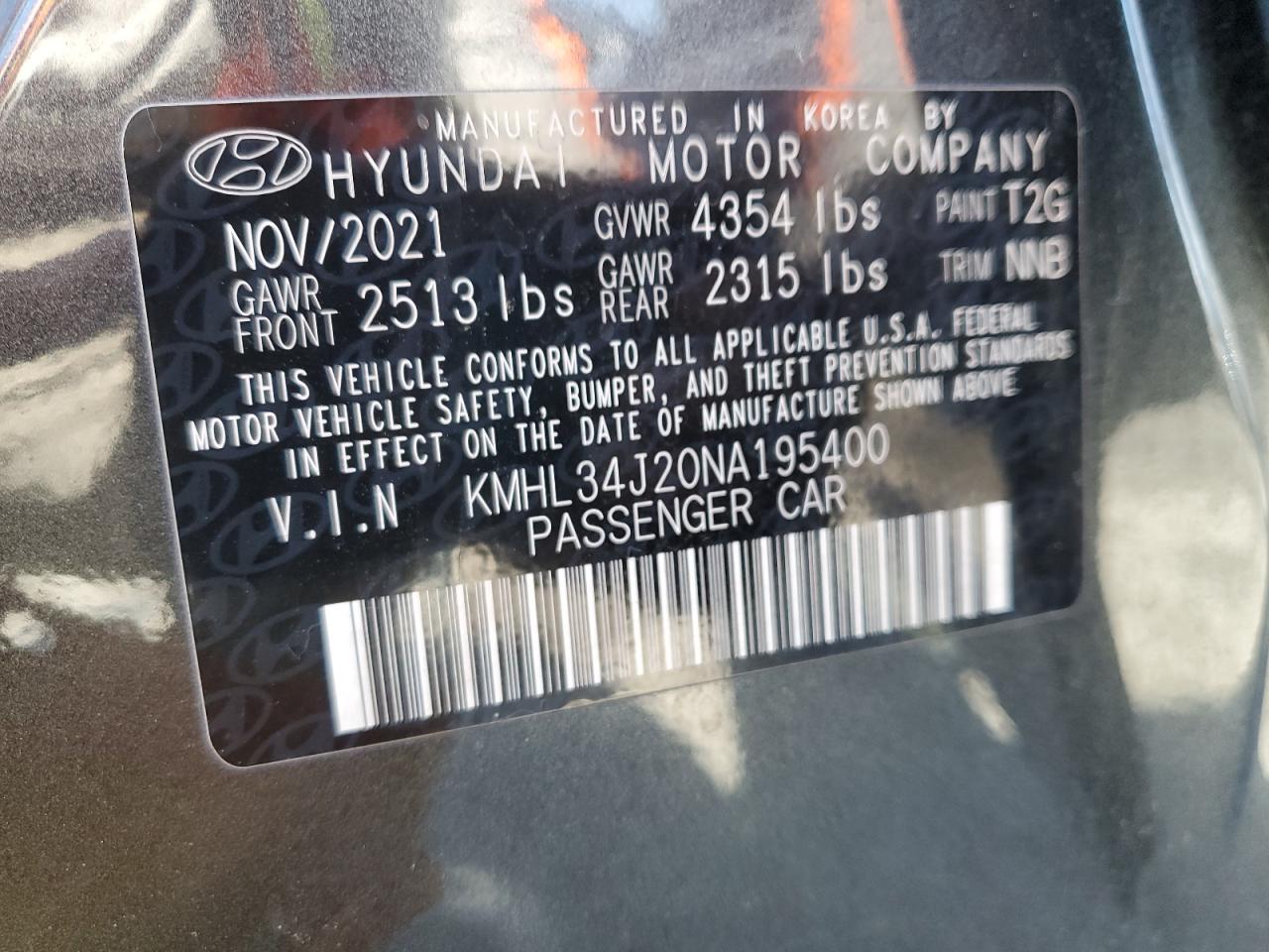 2022 Hyundai Sonata Limited VIN: KMHL34J20NA195400 Lot: 54057735