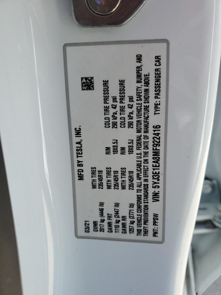 2021 Tesla Model 3 VIN: 5YJ3E1EA8MF922416 Lot: 54727655