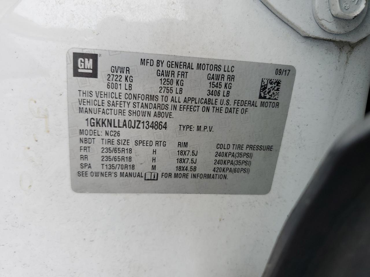 2018 GMC Acadia Sle VIN: 1GKKNLLA0JZ134864 Lot: 54427215
