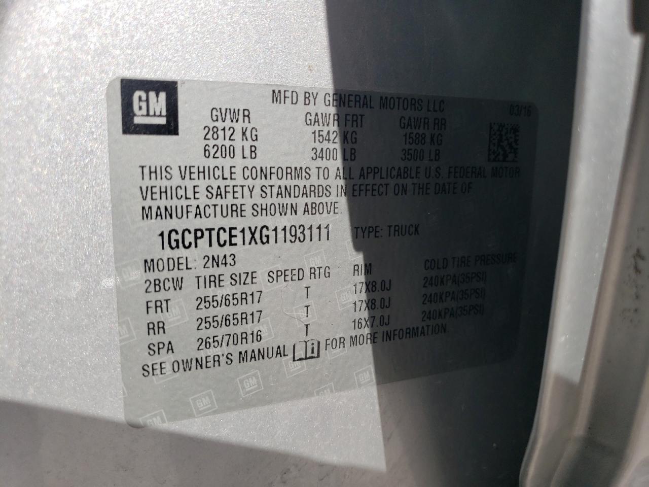 2016 Chevrolet Colorado Lt VIN: 1GCPTCE1XG1193111 Lot: 52513705
