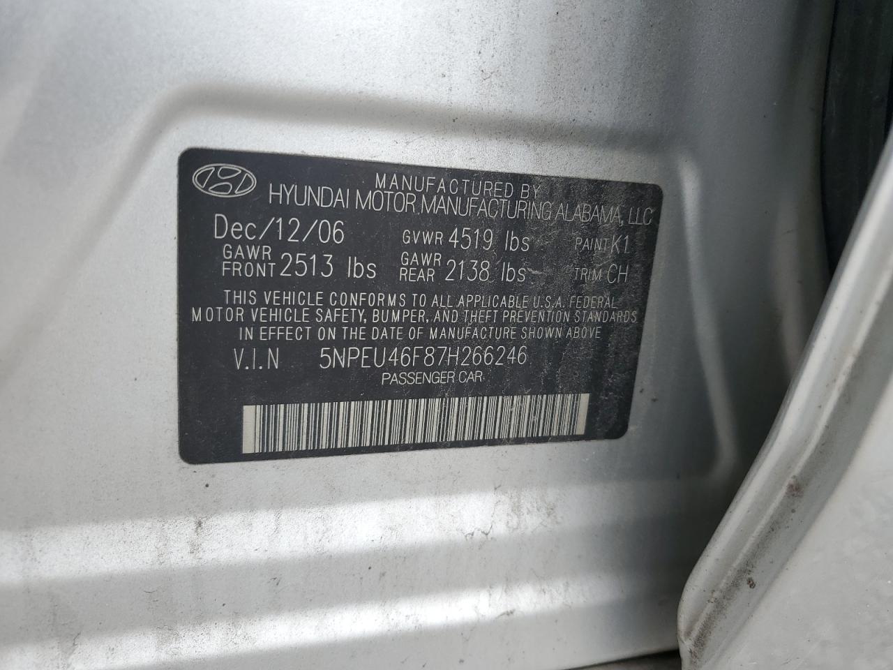 2007 Hyundai Sonata Se VIN: 5NPEU46F87H266246 Lot: 54512945