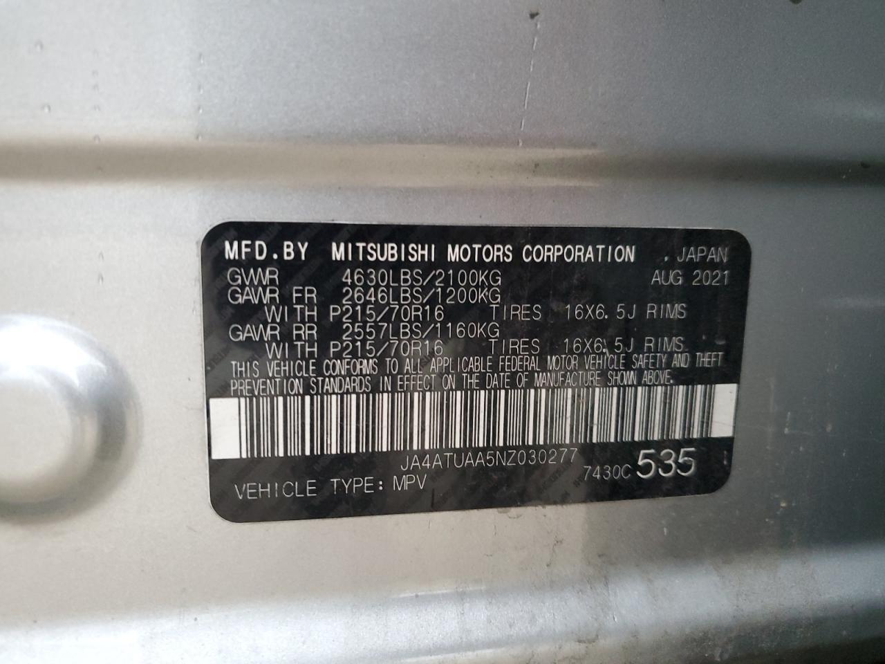 2022 Mitsubishi Eclipse Cross Es VIN: JA4ATUAA5NZ030277 Lot: 54392625