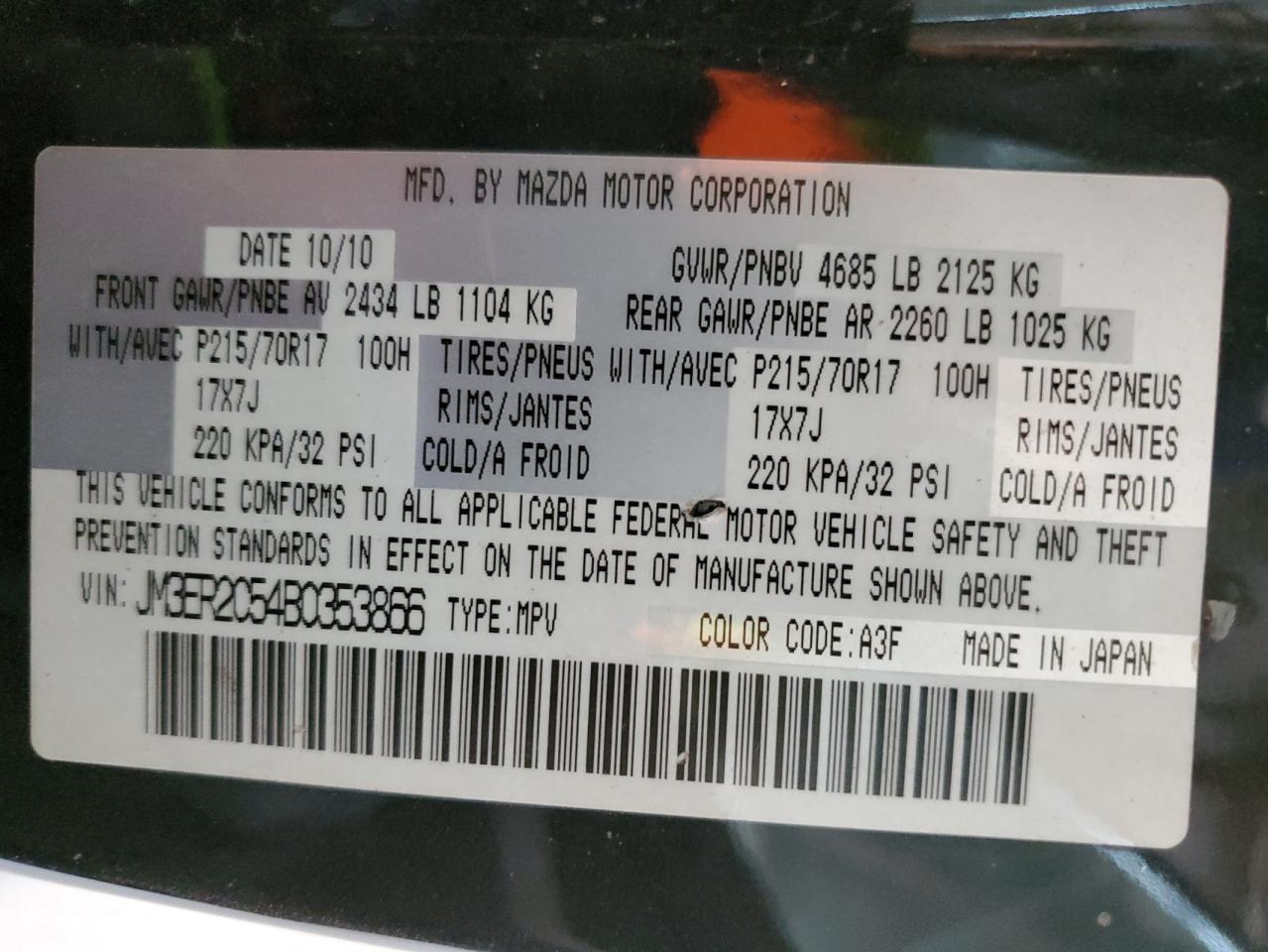 2011 Mazda Cx-7 VIN: JM3ER2C54B0353866 Lot: 55063155