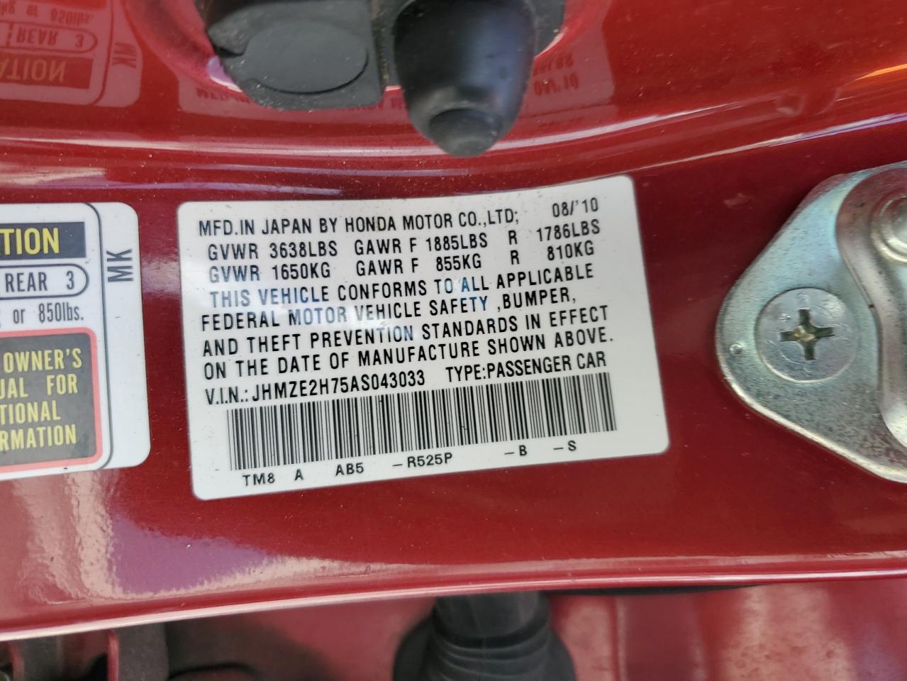 2010 Honda Insight Ex VIN: JHMZE2H75AS043033 Lot: 51468585