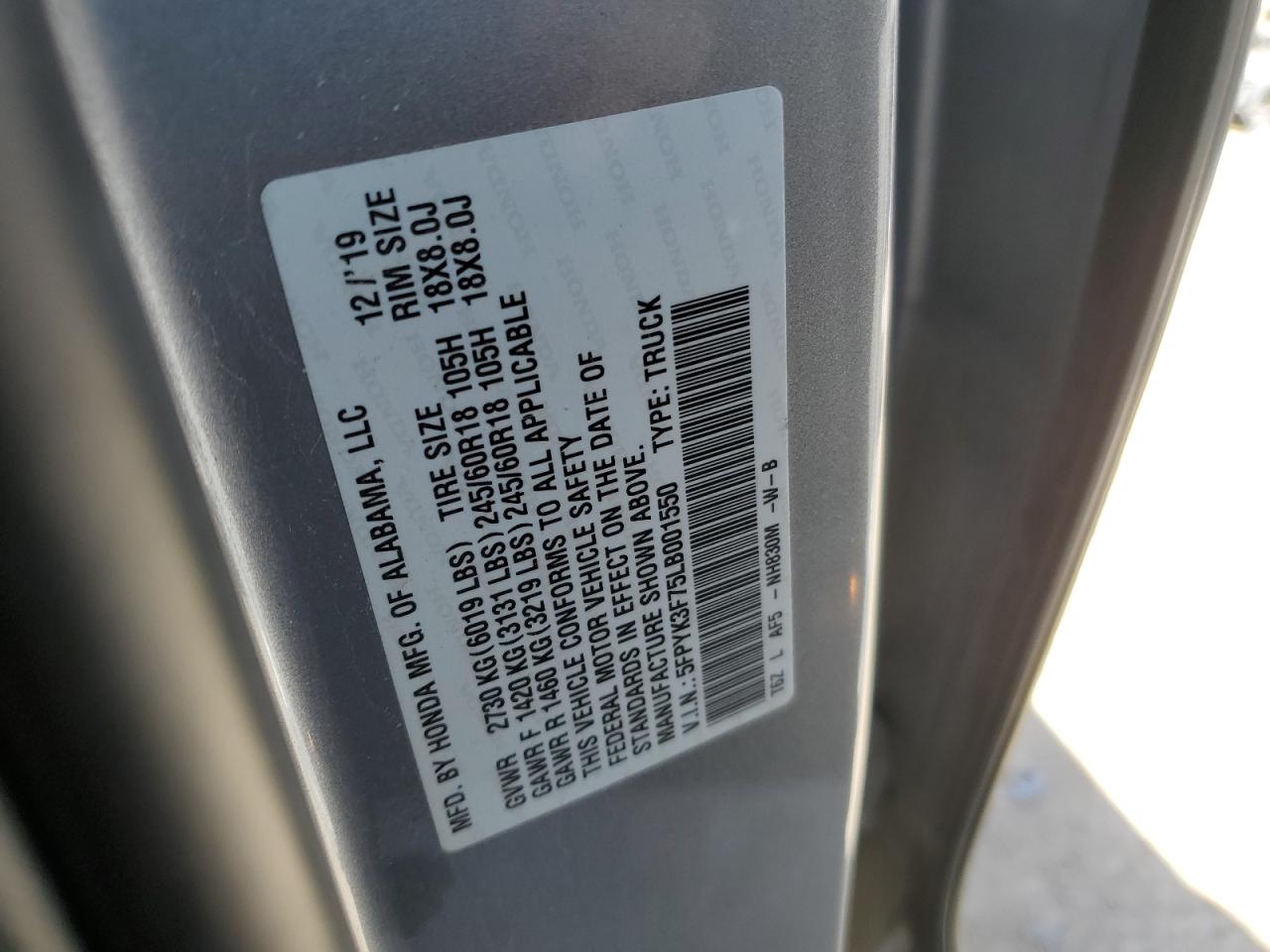 2020 Honda Ridgeline Rtl VIN: 5FPYK3F75LB001550 Lot: 52706555