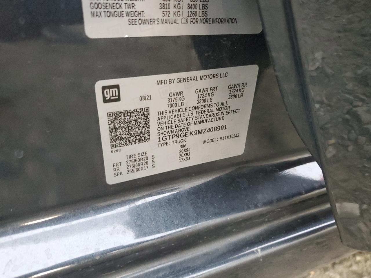 2021 GMC Sierra K1500 Elevation VIN: 1GTP9GEK9MZ408991 Lot: 54214435