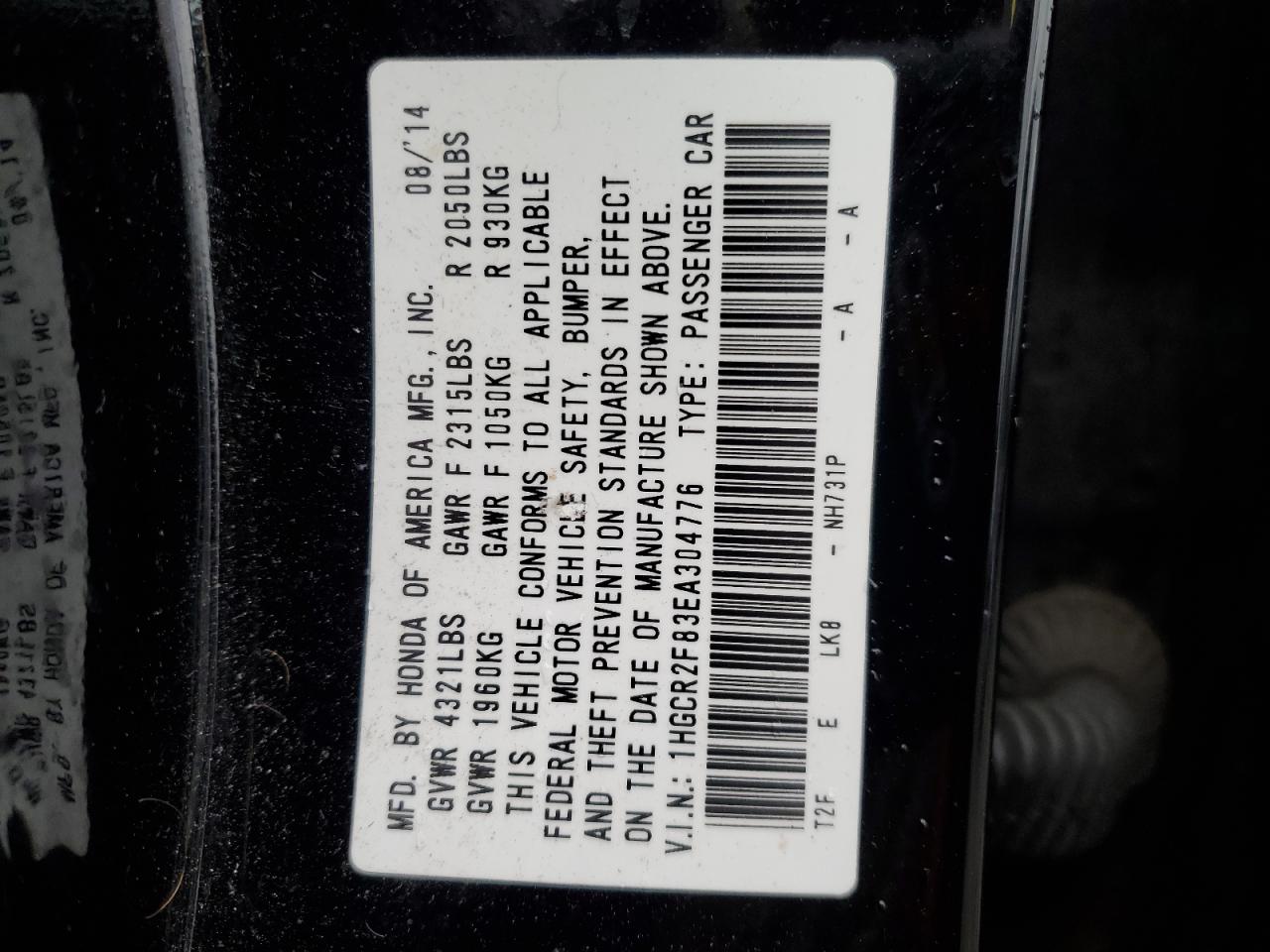 2014 Honda Accord Exl VIN: 1HGCR2F83EA304776 Lot: 53263145