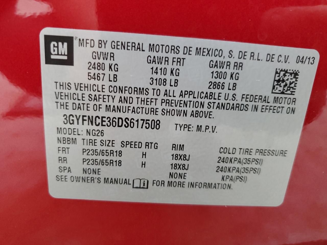 2013 Cadillac Srx Luxury Collection VIN: 3GYFNCE36DS617508 Lot: 51507135