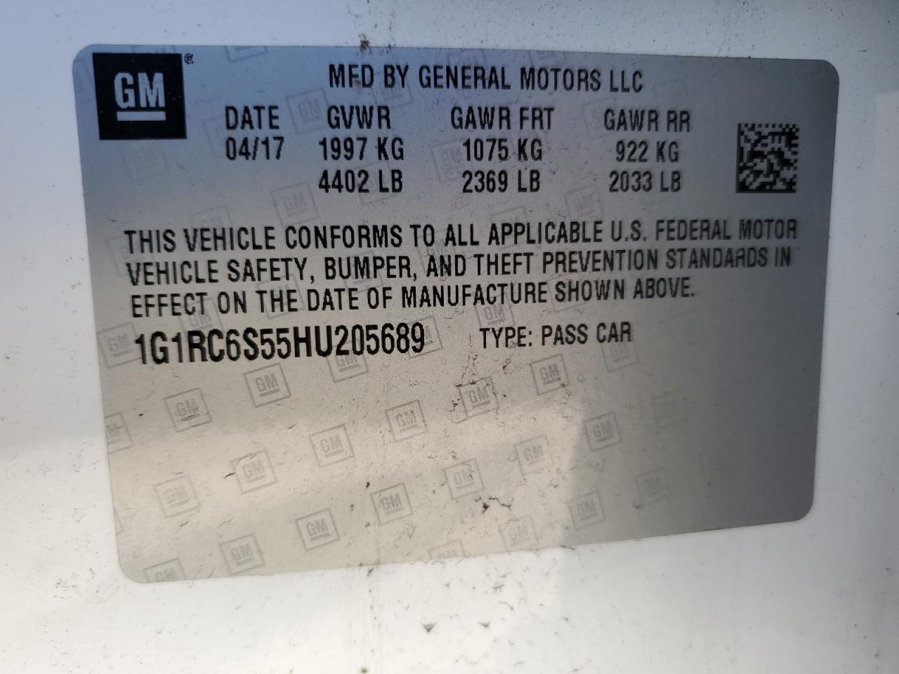 2017 Chevrolet Volt Lt VIN: 1G1RC6S55HU205689 Lot: 54618365