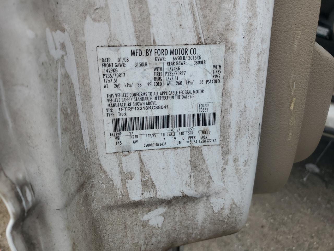 2008 Ford F150 VIN: 1FTRF12218KC88041 Lot: 54871475