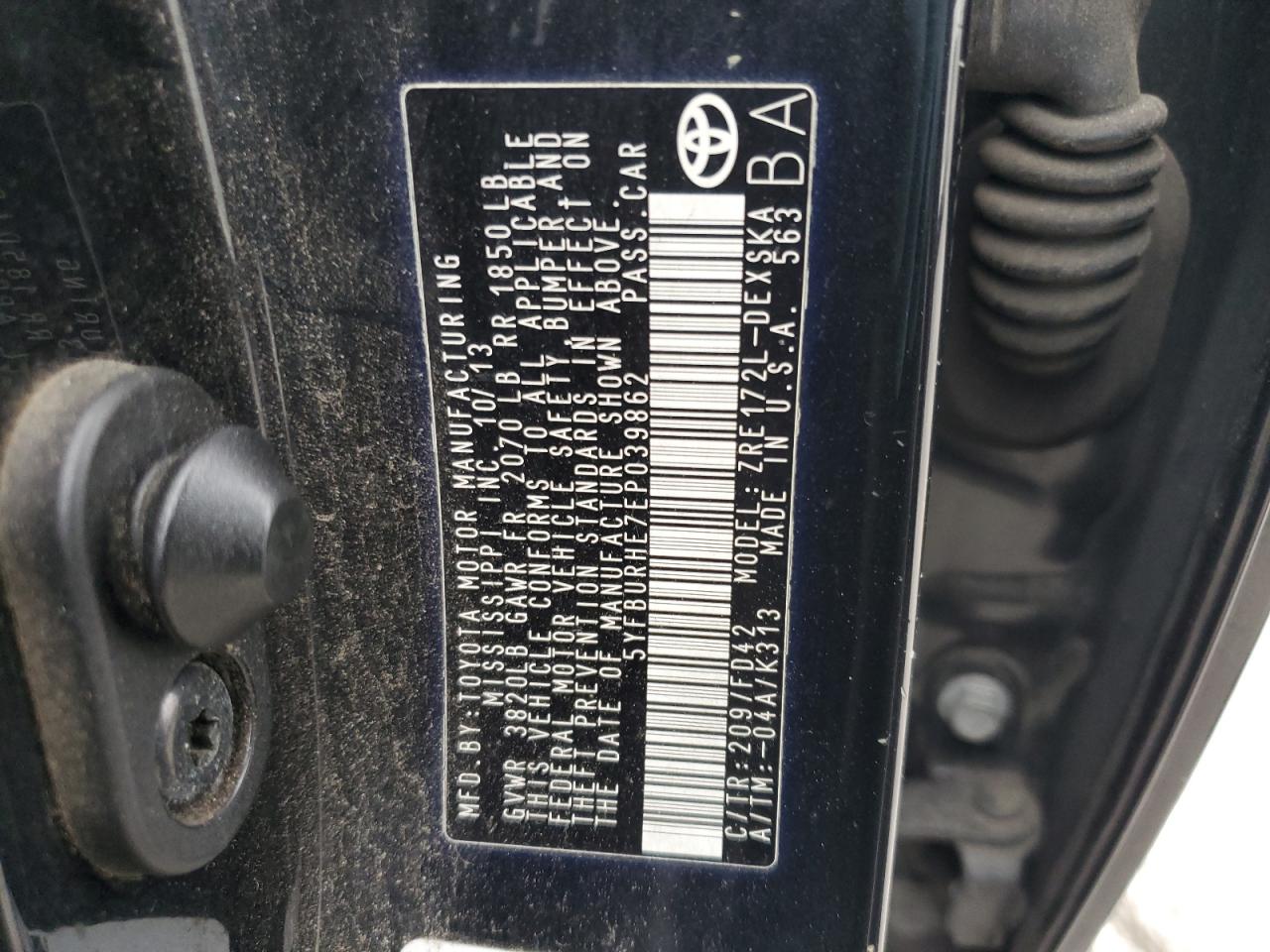 2014 Toyota Corolla L VIN: 5YFBURHE7EP039862 Lot: 52005305