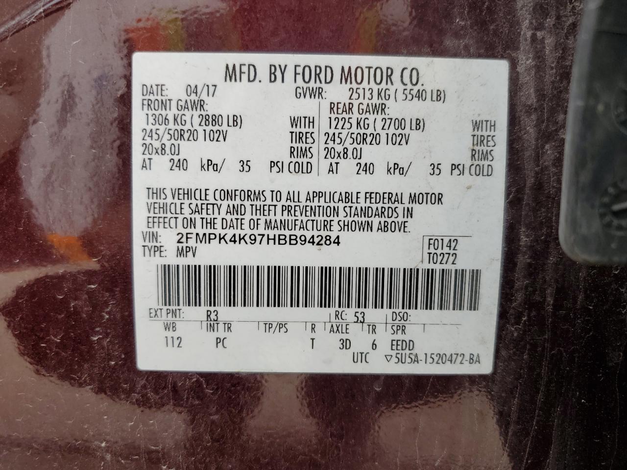 2017 Ford Edge Titanium VIN: 2FMPK4K97HBB94284 Lot: 52740555