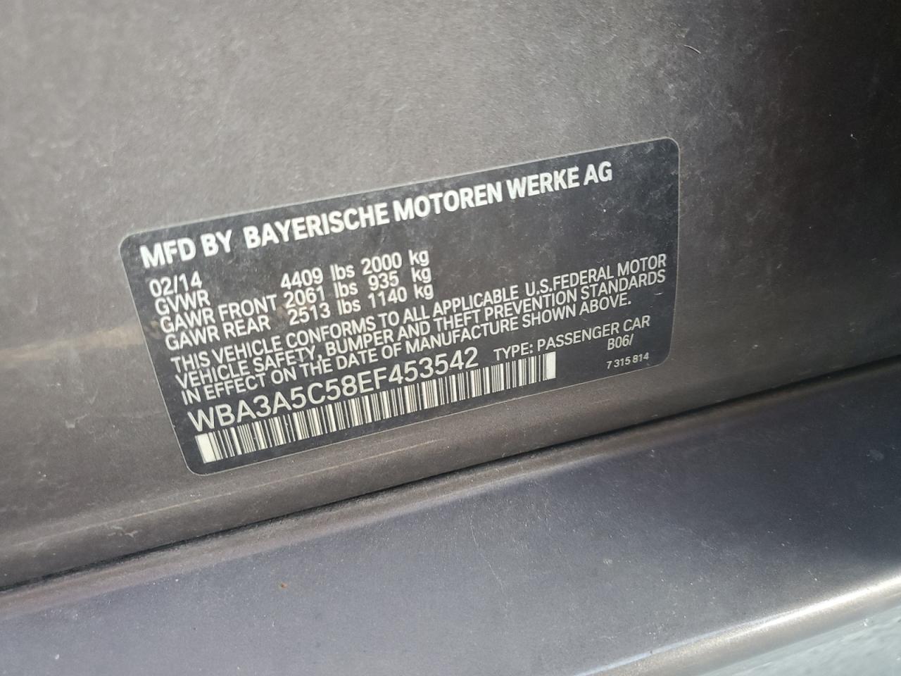 2014 BMW 328 I VIN: WBA3A5C58EF453542 Lot: 54792575