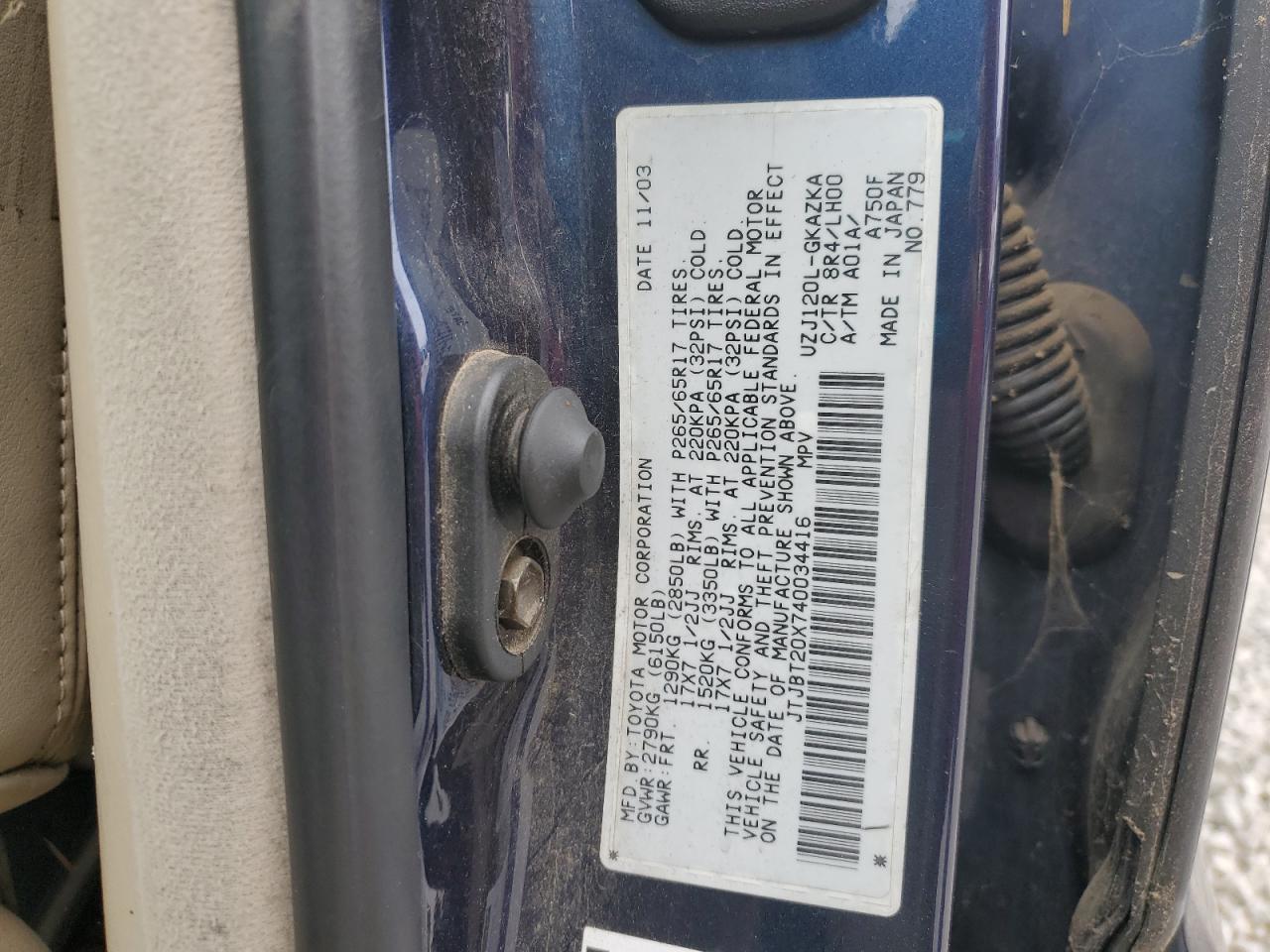 2004 Lexus Gx 470 VIN: JTJBT20X740034416 Lot: 50888295