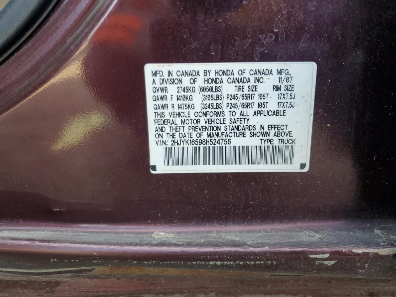 2008 Honda Ridgeline Rtl VIN: 2HJYK16598H524756 Lot: 52727235