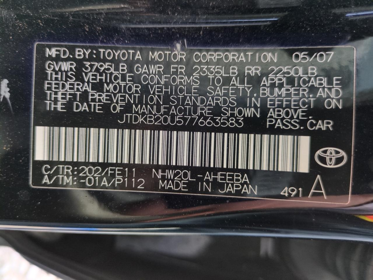 2007 Toyota Prius VIN: JTDKB20U577663583 Lot: 54699085