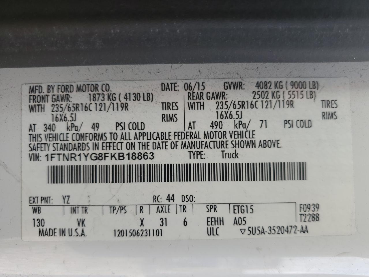 1FTNR1YG8FKB18863 2015 Ford Transit T-250