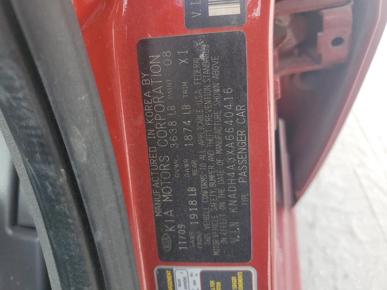 2010 Kia Rio Lx VIN: KNADH4A3XA6640416 Lot: 54934395