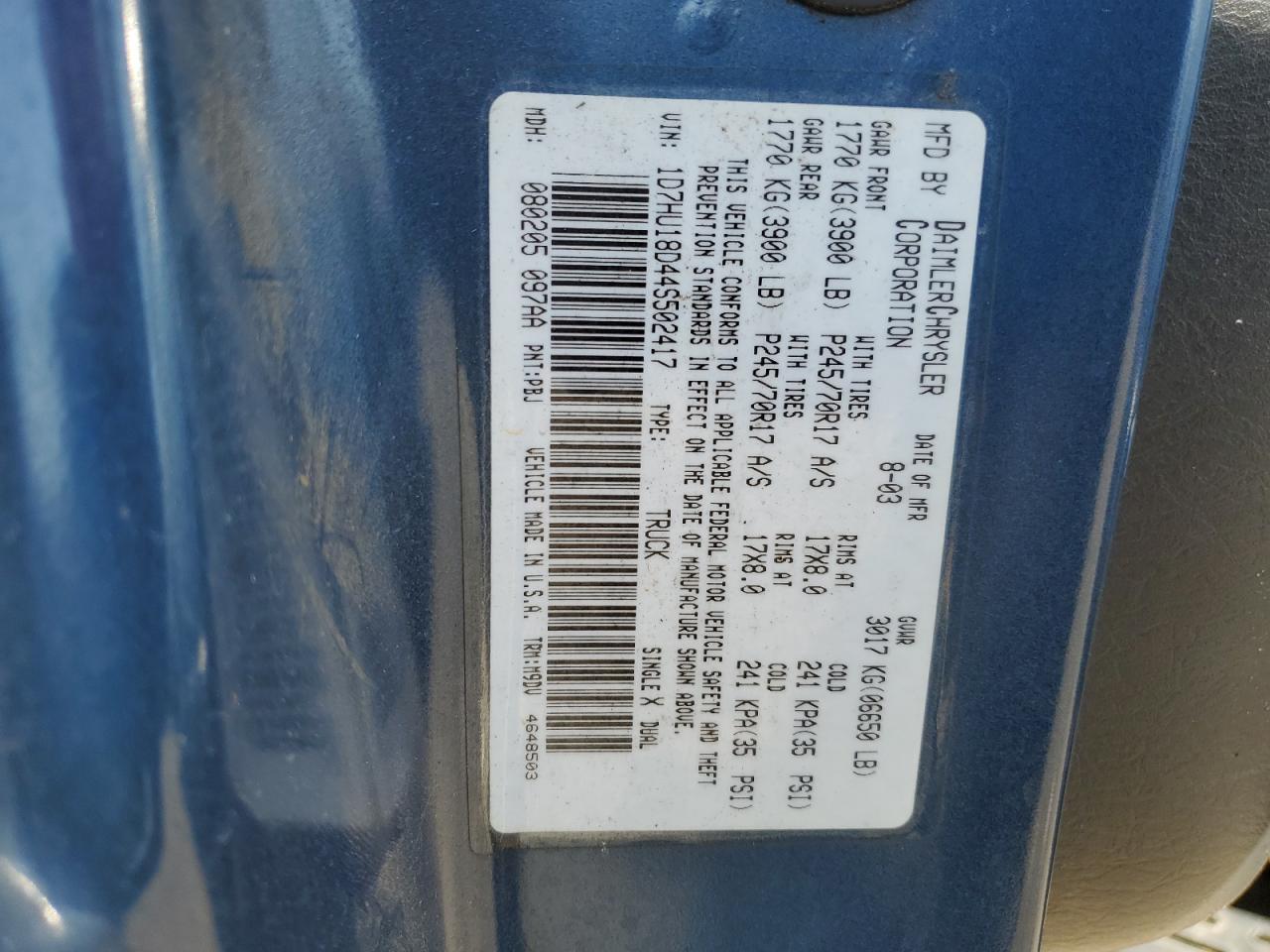 2004 Dodge Ram 1500 St VIN: 1D7HU18D44S502417 Lot: 53463645