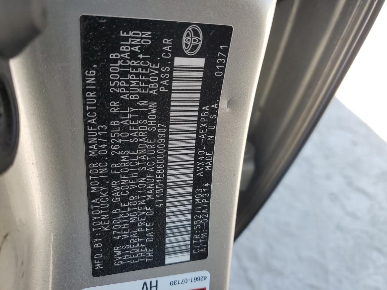 2013 Toyota Avalon Hybrid VIN: 4T1BD1EB6DU009907 Lot: 54687555