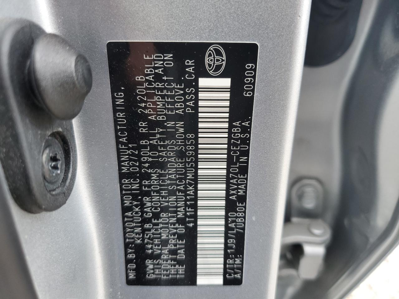 2021 Toyota Camry Xle VIN: 4T1F11AK7MU559858 Lot: 54915845