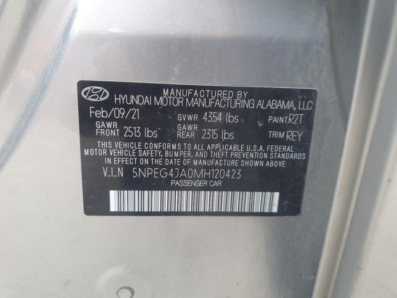 2021 Hyundai Sonata Se VIN: 5NPEG4JA0MH120423 Lot: 54105655